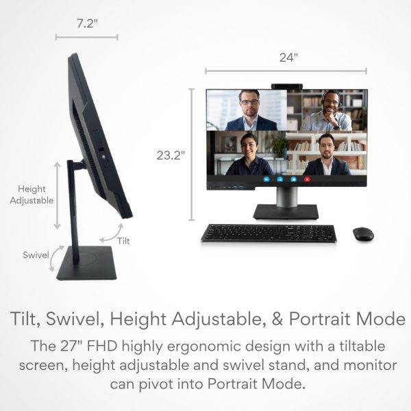 The Envision 27 inch All in One computer offers a tilt, swivel and height adjustable stand with 90 degree rotating display.