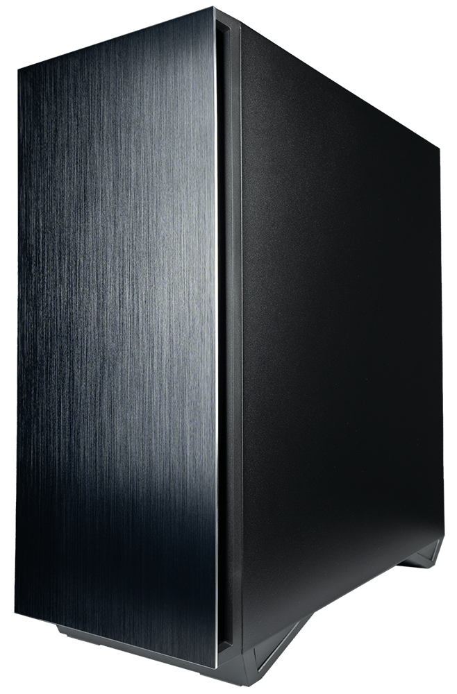 The Sentinel Gaming Desktop has a solid aluminum front panel, featuring a sleek brushed appearance and a silver beveled edge.