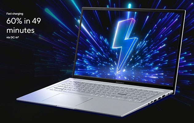 Vivobook 17X supports fast charging, so you can charge a low battery to 60% in as little as 49 minutes5. You’ll be up and running quicker than ever!